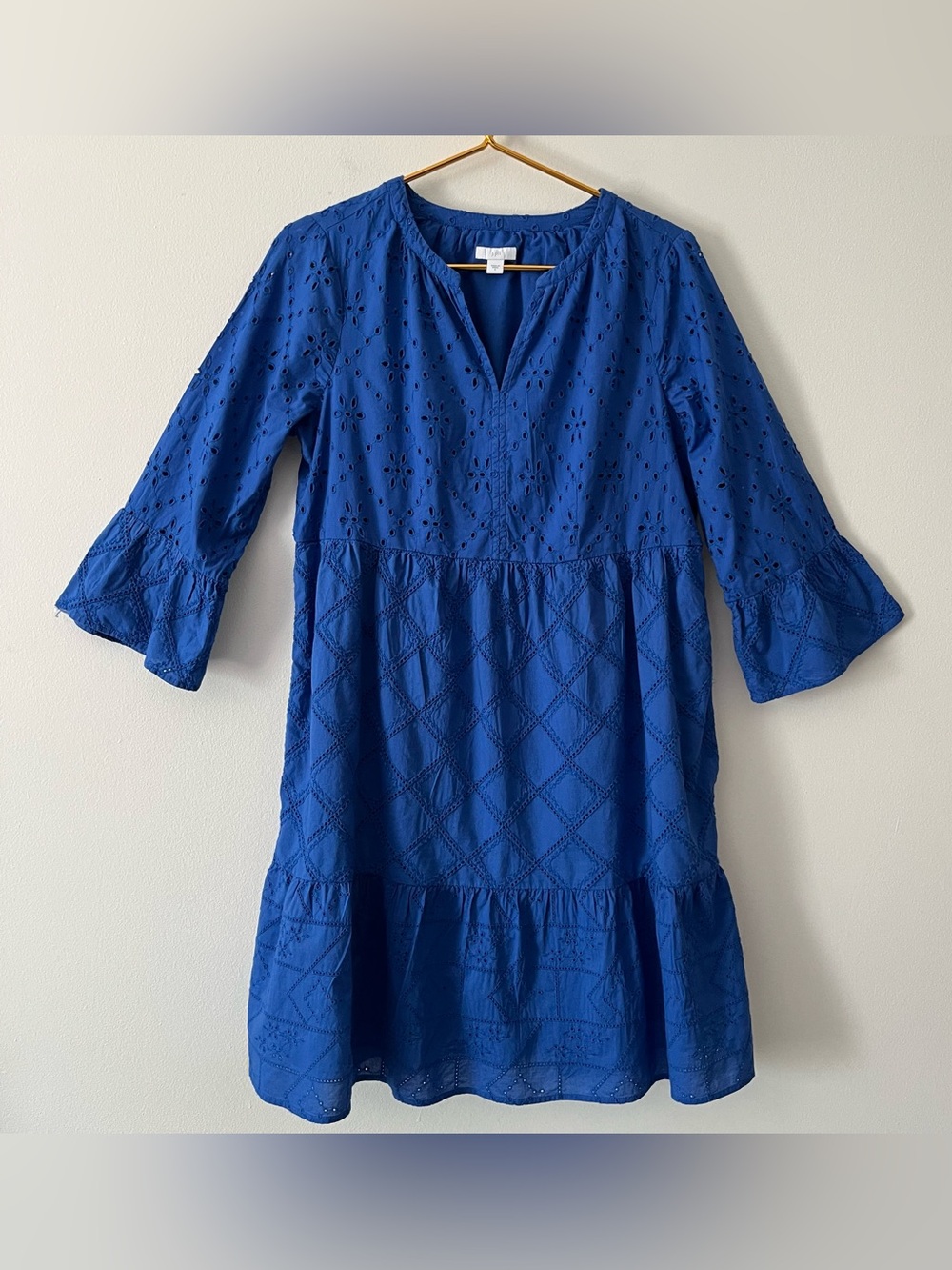 J.Jill Cobalt Blue 100% Cotton Eyelet Tiered Bell Sleeve Boho Peasant Dress S